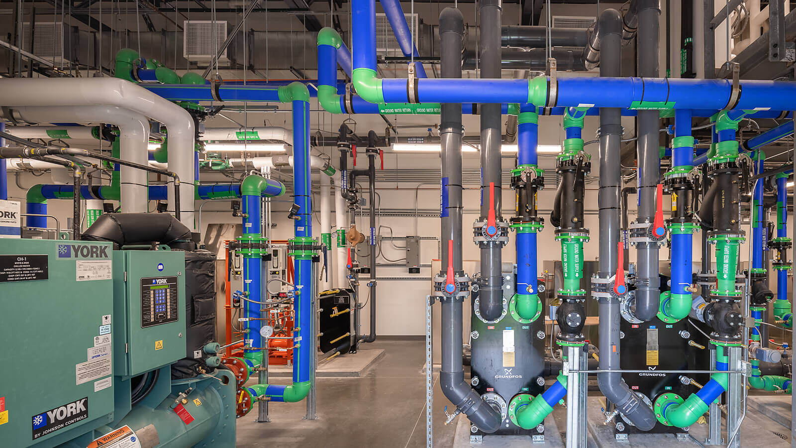 Commercial building mechanical room with piping and equipment
